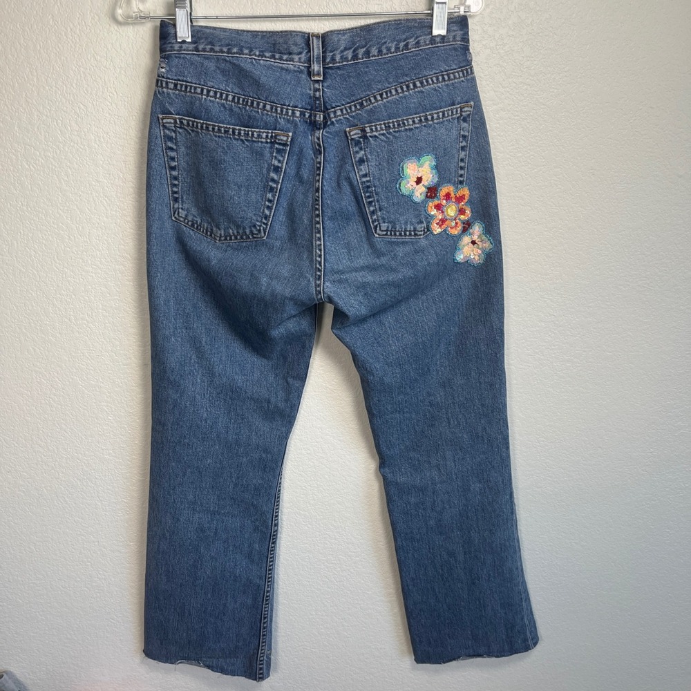 Vintage Gap Flare Jeans Blue Medium‎ Wash Sequin Flower Embellished Size 4 Long